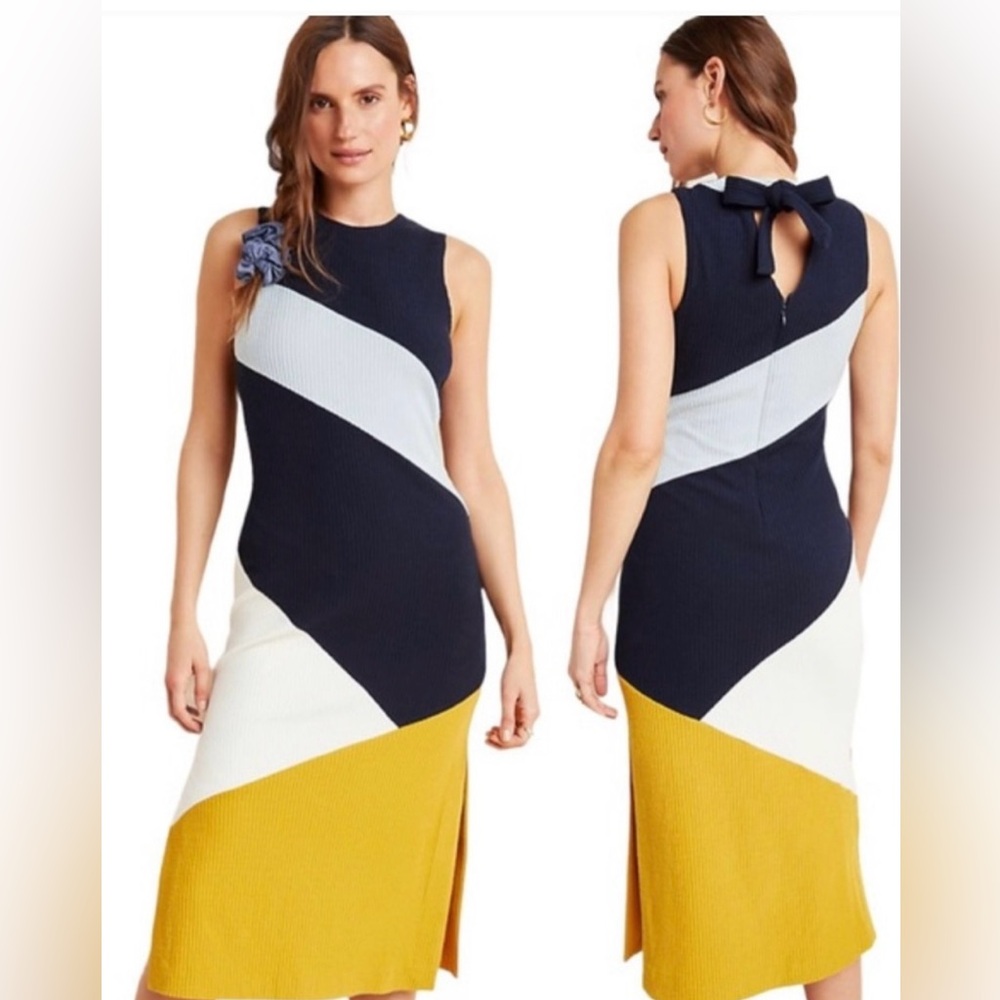 Anthropologie Hutch Lena Colorblocked Knit Midi Dress Black Gold Petite Small - Picture 1 of 13